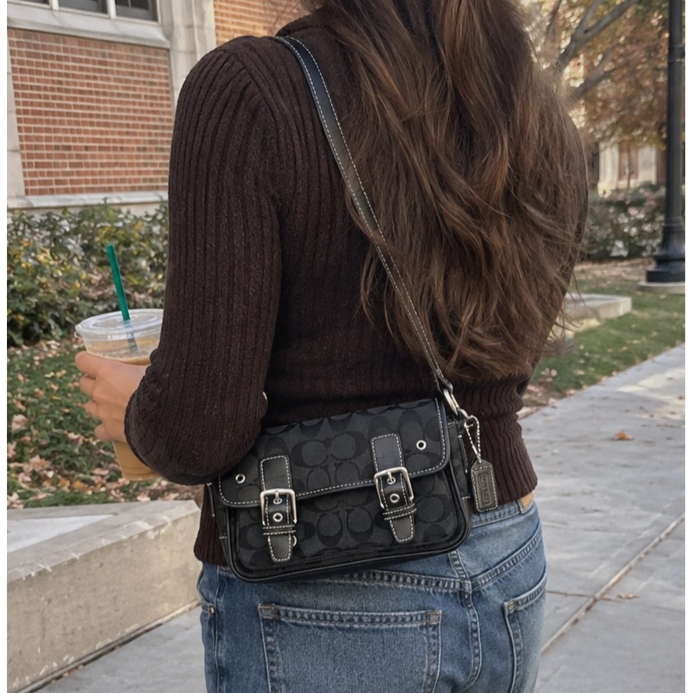 Coach Signature Mini Field Bag Black Jacquard Leather Crossbody Y2K Logo 6844 - Picture 2 of 16